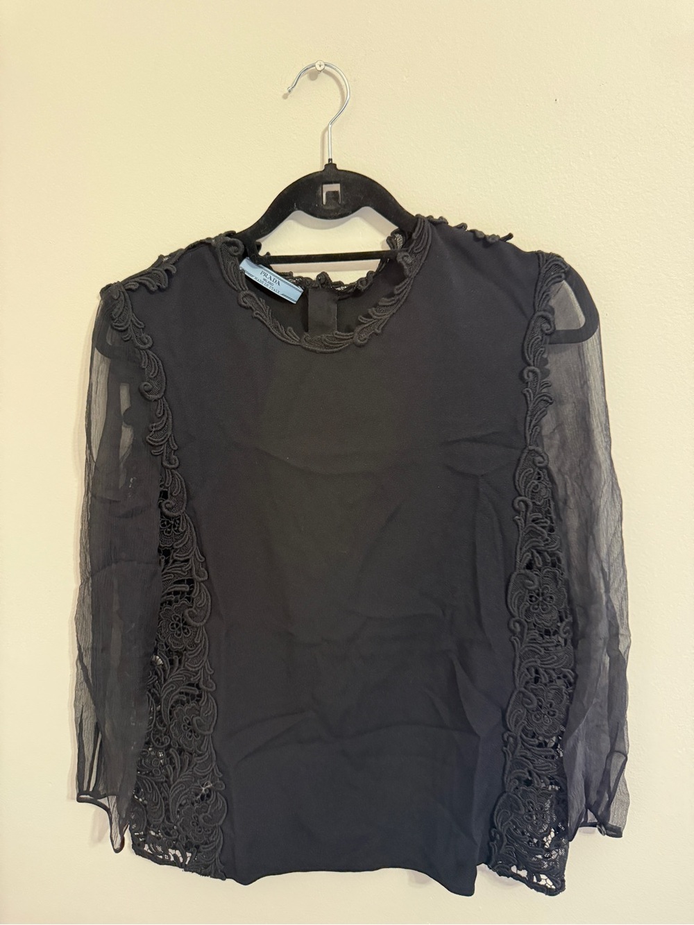 Prada Black Sheer-Sleeve Lace Applique Women's Top